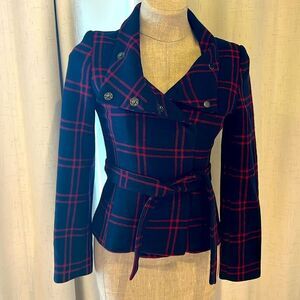 H&M Belted Wool Navy and Red Plaid Jacket Size 4